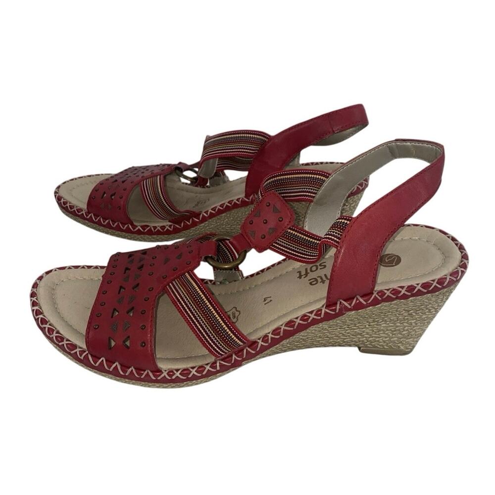 Remonte Sandals Women 41 Red Leather Wedge Boho Laser Cut Strappy Comfort Chic